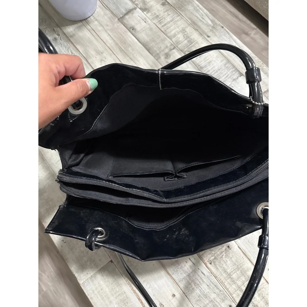 Sag Harbor Black Patent Faux Leather Tote Bag Shoulder Purse Silver Hardware